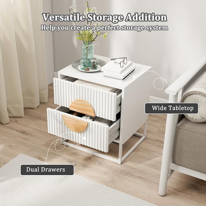 Giantex Fluted Nightstand with 2 Drawers Set of 2, White Wood Bedside Table with Natural Circle Handle & Metal Frame, Minimalist Accent End Table, Modern Mid Century Night Stand for Bedroom - Image 5
