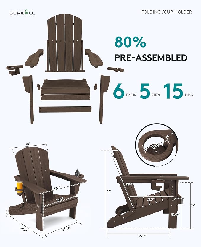 SERWALL Adirondack Chair with Cup Holders - Composite Adirondack Chairs HDPE Outdoor Chairs All Weather Use- Coffee - Image 3