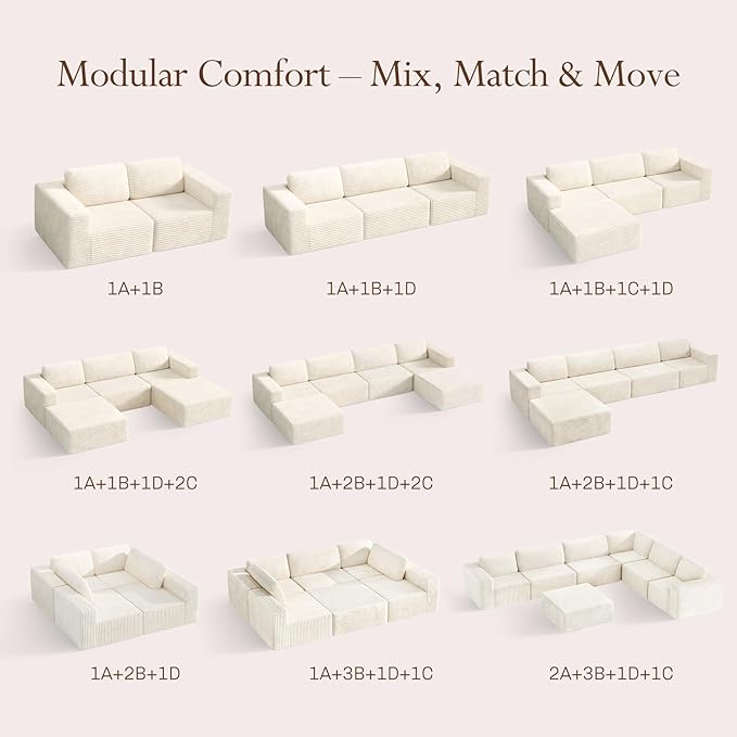 Vesgantti 119" L-Shaped Modular Sectional Sofa, Corduroy Cloud Couch with Deep Seating & Spring Support, Flexible Layout Sofa with Ottoman, Boneless Style, No Assembly Required, Beige