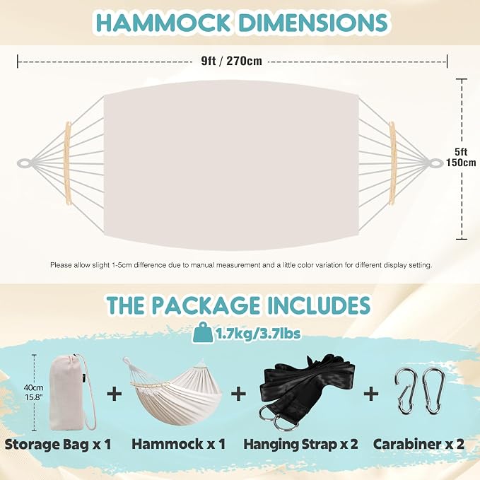 Anyoo Garden Cotton Hammock Comfortable Fabric Hammock with Spreader Bar Sturdy Hammocks Up to 450lbs Portable Lightweight Hammocks with Travel Bag for Camping Outdoor/Indoor Patio Backyard - Image 2