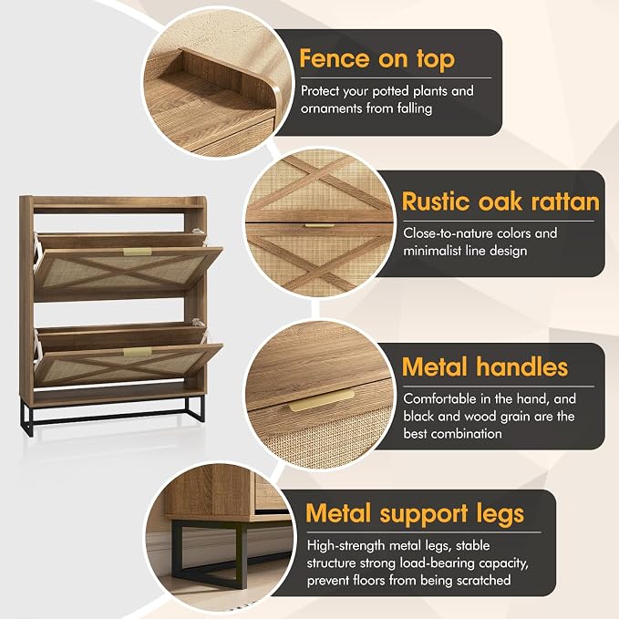 Maupvit Shoe Storage Cabinet with 2 Rattan Flip Drawers, Freestanding Organizer with Metal Legs for Entryway, Narrow Shoe Rack Cabinet, Hidden Golden Handles, Rustic Oak Rattan - Image 4