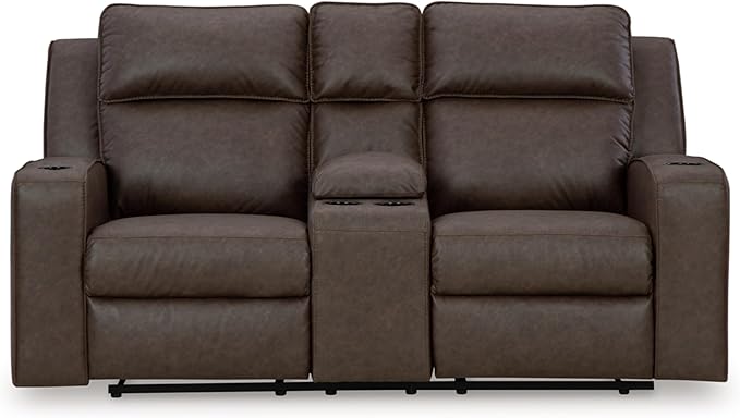 Signature Design by Ashley Lavenhorne Modern Faux Leather Manual Reclining Loveseat with Console and Cup Holders, Dark Brown