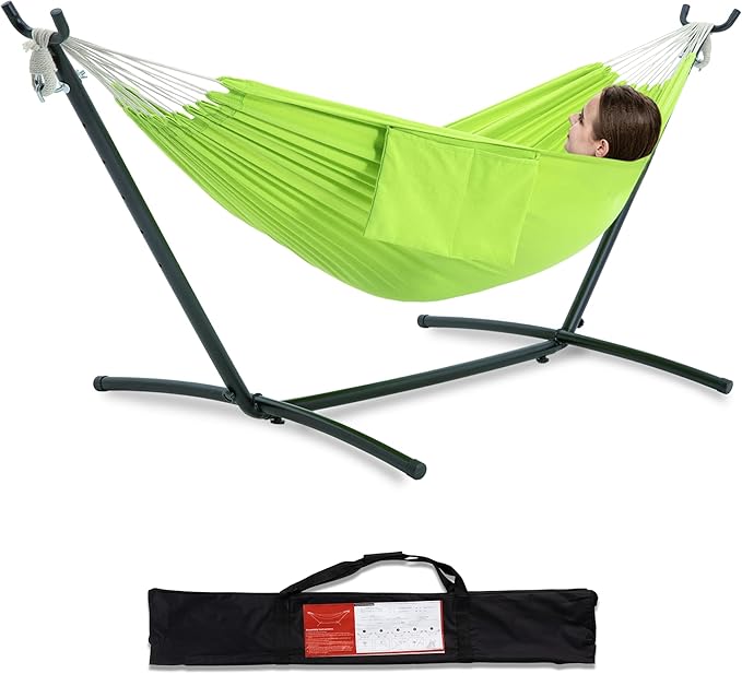 PNAEUT Double Hammocks with Stand for Outside, Portable Space Saving Heavy-Duty Steel Stand for Indoor Outdoor Patio with Carrying Bag, 450 lbs Capacity (Green) by PNAEUT