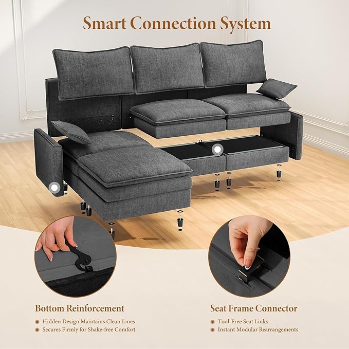Vesgantti 108" U Shaped Sectional Couch, Comfy Cloud Modular Sectional Sofa with 2 Ottoman Deep Seat Chenille Modern Cloud Sofa, Modular Sofas for Living Room, Bedroom and Apartment, Gray