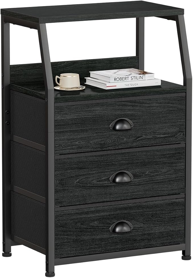 Furnulem Black Night Stand, Small Dresser for Bedroom, Nightstand with 3 Fabric Storage Drawers and 2-Tier Shelf, End Table Side Furniture for Closet, Hallway, Nursery, Sturdy Steel Frame, Wood Top by Furnulem