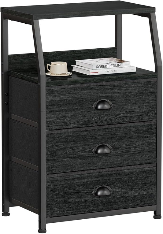 Furnulem Black Night Stand, Small Dresser for Bedroom, Nightstand with 3 Fabric Storage Drawers and 2-Tier Shelf, End Table Side Furniture for Closet, Hallway, Nursery, Sturdy Steel Frame, Wood Top by Furnulem