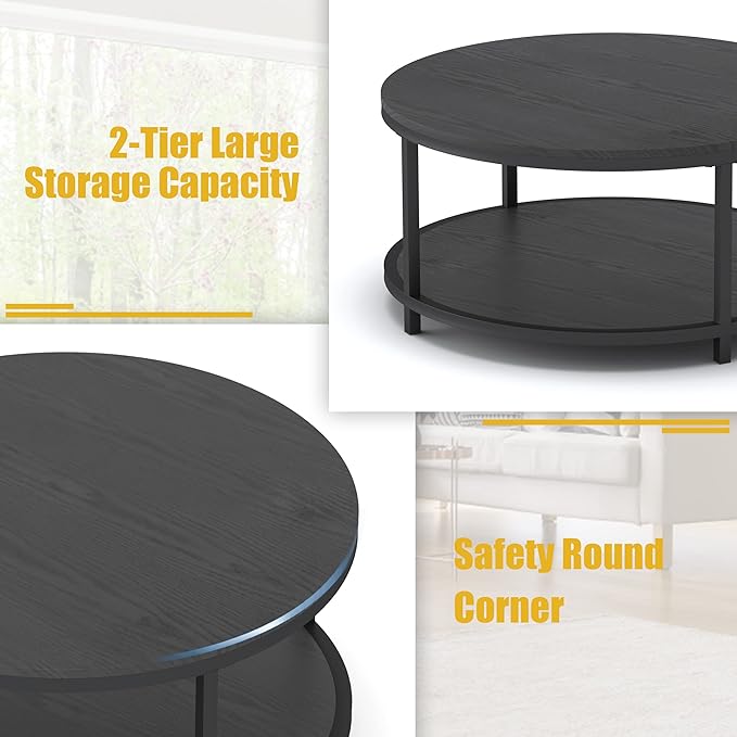 WiberWi Round Coffee Table Black 35.8" Circle Coffee Tables for Living Room Rustic Industrial Design with Sturdy Metal Frame Legs and Open Storage Shelf, Easy Assembly