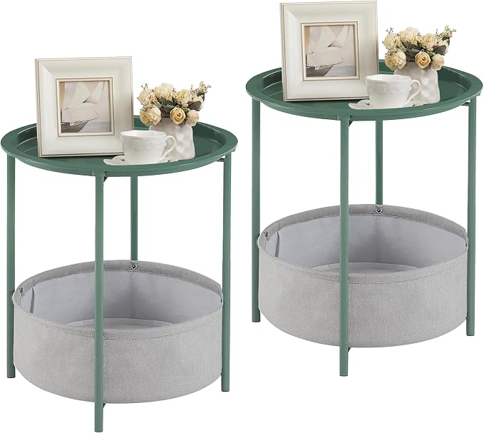 VECELO Round Side/End Table with Fabric Storage Basket，Metal Anti-Rust and Waterproof Small Bedside Nightstand with Removable Tray Top for Living Room，Balcony & Laundry，Dark Green /2pcs with Basket by VECELO