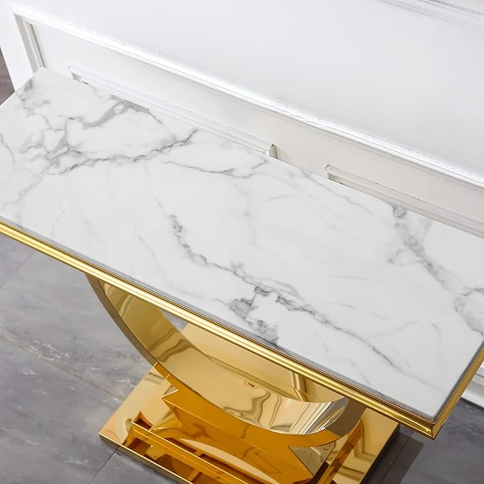 Modern Marble Console Table, Rectangular White and Gold Marble Sofa Tale with U-Shape Stainless Steel Base with Gold Mirrored Finish for Living Room (Gold2)