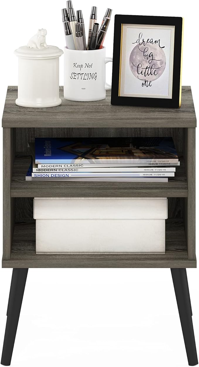 Furinno Claude Side Table, 2-Tier Square Mid-Century End Table with Wooden Legs, Open Shelf Night Stand, Bedside Table, for Living Room, Bedroom, French Oak Grey