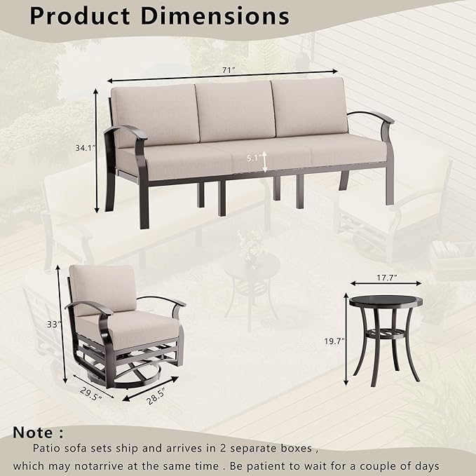 Patio Furniture Set 3-Piece Aluminum Armrest Sofa, All-Weather Patio Conversation Set with Tempered Glass Top Table & Removable Sponge Cushions for Backyard Poolside - Sand.