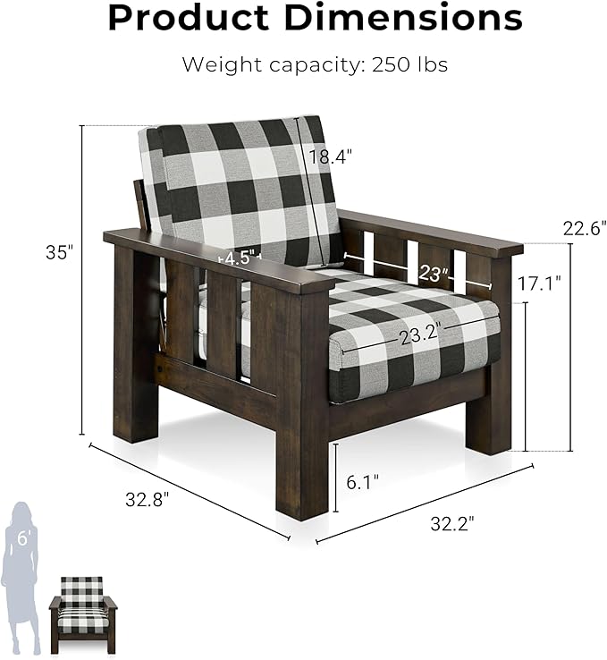 Furniture of America Gavik Modern Solid Wood Arm Chair with Plaid Removable Cushions, Black and White Upholstery Fabric, Comfortable Upholstered Seating for Living Room, Guest Room, Dark Walnut