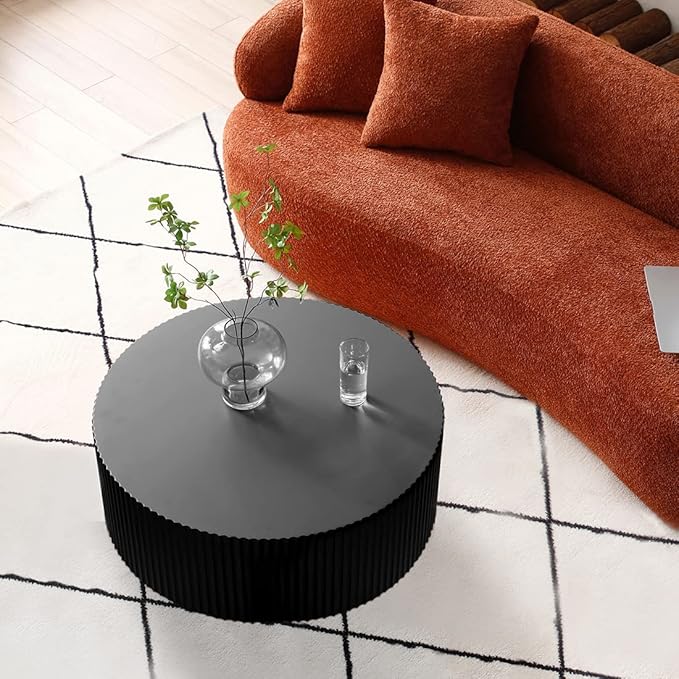 Black Round Drum Coffee Tables for Living Room Contemporary Circle Coffee Table, Modern Wood Accent Table for Office Apartment