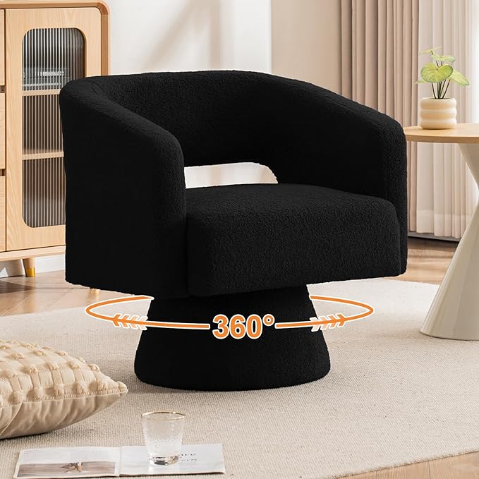 ClinQ Swivel Barrel Accent Chair, Oversized Teddy Upholstered Round Swivel Chairs Set of 4, Modern Luxury 360° Living Room Vanity Chair for Bedroom Office&Living Room, Black