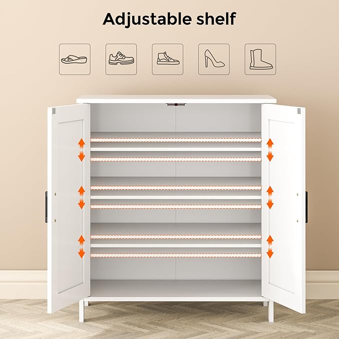 Homleke Farmhouse Shoe Cabinet with 2 Barn Doors & Wood Legs, 5-Tier Shoe Storage Cabinet with 3 Adjustable Shelves, Tall Shoe Rack Organizer for Closet, Shoe Organizer for Entryway, Hallway, White - Image 4