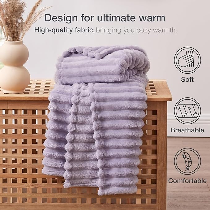 EXQ Home Fleece Throw Blanket for Couch or Bed - 3D Stripe Jacquard Decorative Blankets - Cozy Soft Lightweight Fuzzy Flannel Blanket Suitable for All Seasons(50"??60",Light Purple)