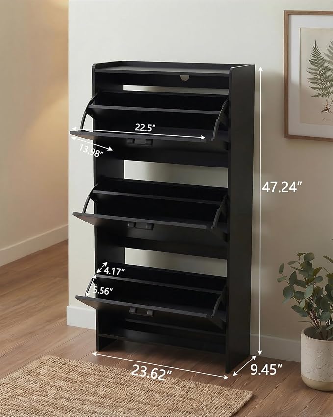 Shoe Cabinet with 2 or 3 Flip Drawers, Narrow Shoe Storage Cabinet, Hidden Shoe Organizer for Entryway, Space Saving Shoe Rack for Hallway, Living Room (Black, 3 Drawers with Handle) - Image 2