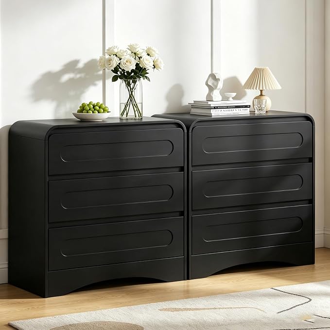 32" Large Night Stand, 3 Drawer Nightstand with Spacious Drawers, Pre-Installed Slides, Wood Bedside Table, Modern End Table, Curved Nightstand for Bedroom Sofa Couch Office, Black - Image 5