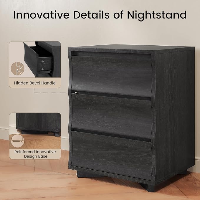 Black Nightstand Set of 2, Night Stand with 3 Drawers, Modern Nightstand with Large Storage, Silent Slides, Wooden End Side Table, Bedside Table with 3 Drawers for Bedroom - Image 4
