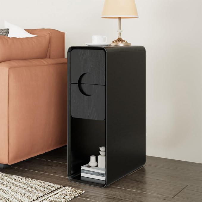 Black Small Nightstand Set of 2, Narrow Bedside Table with Circular Drawer, Skinny Side End Table, Wood Nightstand, Mid Century Modern Night Stand for Bedroom, Small Spaces, Slim, Wooden - Image 6