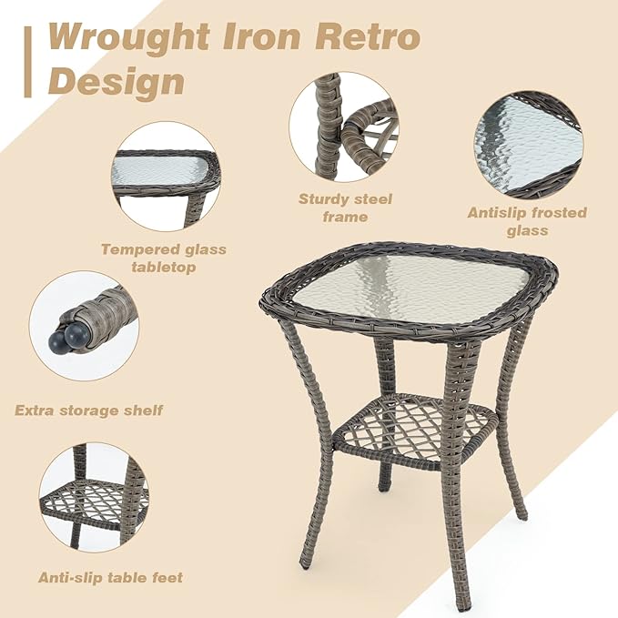 EROMMY 3 Pieces Outdoor Swivel Rocker Patio Chairs, 360 Degree Rocking Patio Conversation Set with Thickened Cushions and Glass Coffee Table for Backyard, Khaki