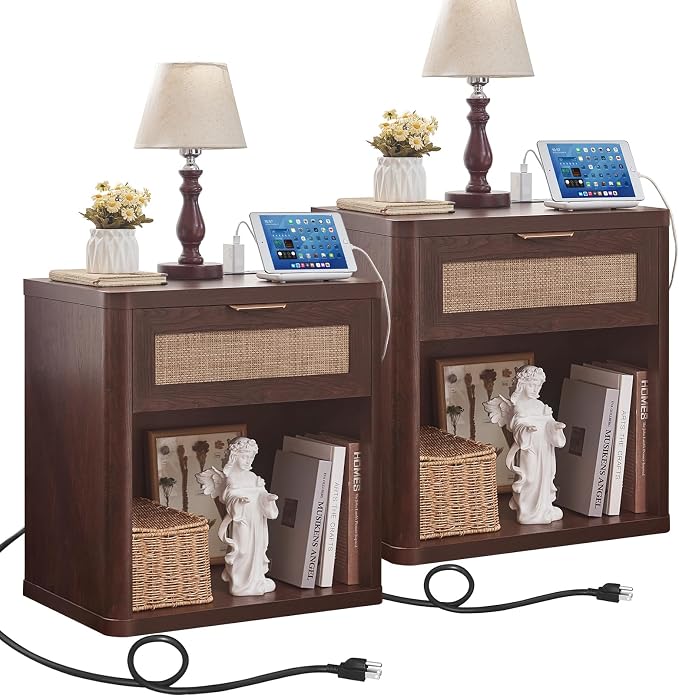 LEYAOYAO Rattan Nightstands Set of 2 with Charging Station, Walnut Night Stand with Drawer, 23" Wide Boho Bedside Table with Storage Shelf, Bed Side End Tables for Bedroom, Living Room, Hallway by LEYAOYAO-Findtheshiningpointofyourideallife%EF%BC%81