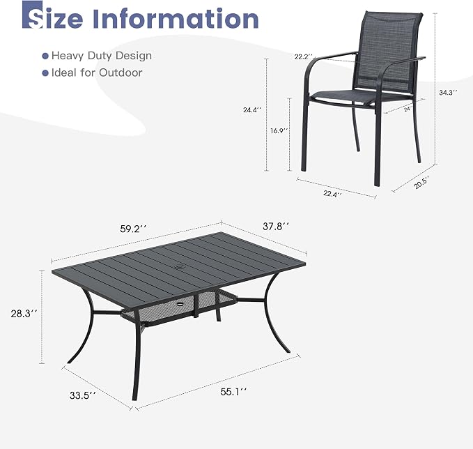 VICLLAX Patio Table and Chairs Set for 6, Patio Furniture Set of 6 Patio Stackable Dining Chairs and Outdoor Metal Table with Umbrella Hole for Backyard Lawn Garden, Dark Grey Chairs and Black Table - Image 7
