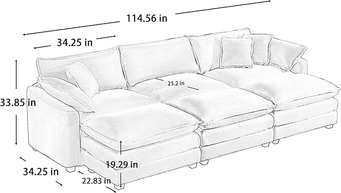 KEIKI 115" Oversized Corduroy Modular Sectional Sofa with 3 Ottoman, High-Density Foam Cushions, Removable Armrests, Upholstered 3-Seater Fluffy Corner Couch with 5 Pillow, for Living Room, Green