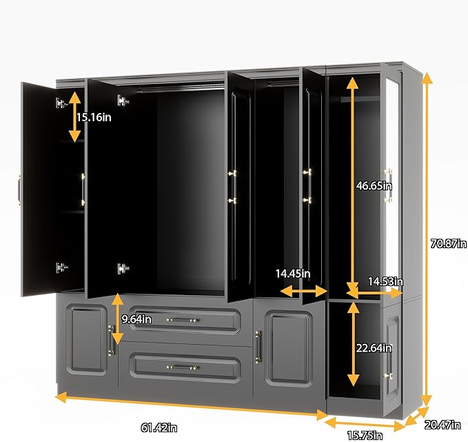 Armoire Wardrobe Closet with Mirror, Armoires and Wardrobes with 5 Doors, Large Wardrobe Closet with Hanging Rods, Wardrobe Armoire with 2 Drawers, Wardrobe Cabinet for Bedroom, Black