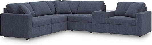 Signature Design by Ashley Modmax Contemporary Stain Resistant Left-Arm Facing 6-Piece Sectional with Storage Console, Armrest, Throw Pillows and Reversible Cushions for Living Room, Blue