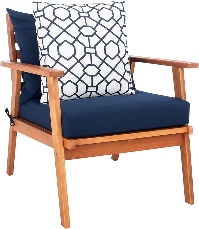 SAFAVIEH Outdoor Collection Deacon Natural Acacia Wood/Navy Cushion 4-Piece Conversation Patio Set with Accent Pillows