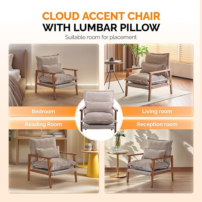 VINGLI Mid-Century Modern Cloud Accent Armchair with Lumbar Pillow, 6.3'' Thick Seat Cushion Comfortable Reading Chair with Wooden Armrests，Boho Lounge Chair for Bedroom, Living Room, Chenille, Khaki