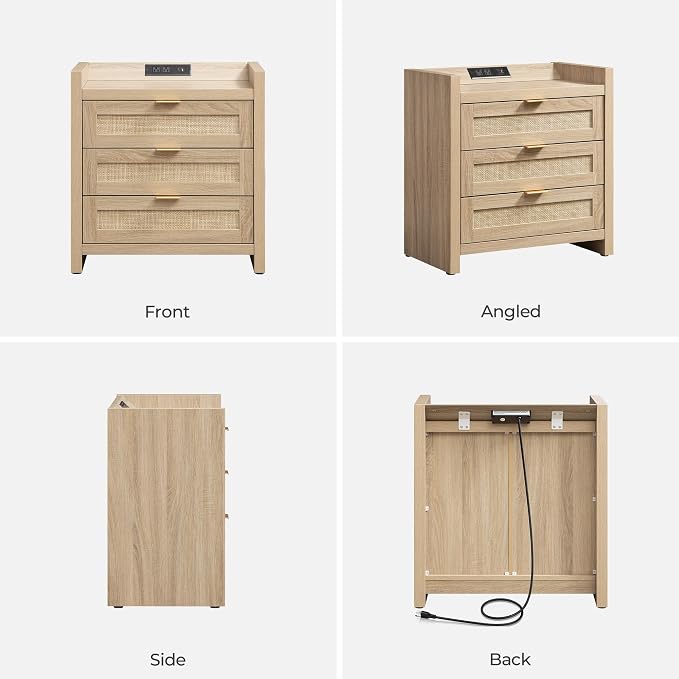 SICOTAS Rattan Nightstand Bedside Table - Larger Night Stand with Type-C Charging Station, 3 Drawers Storage - Boho Night Stands End Table for Bedroom - Light Oak - Image 7