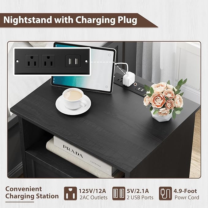 Bedroom Set, 3 Pieces Bedroom Furniture Set, Wood 4 Drawer Dresser and Nightstands with Charging Station, Farmhouse Storage Organizer Cabinet for Bedroom, Black