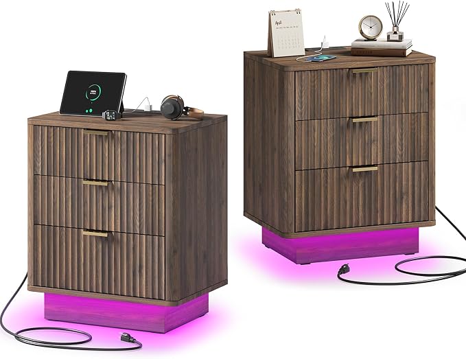 GOLDDAY Nightstands Set of 2 with Charging Station & LED Light, 3-Drawer Bedside Table with Outlets, Modern End Table with Open Shelf, for Bedroom, Home Office, Walnut by GOLDDAY