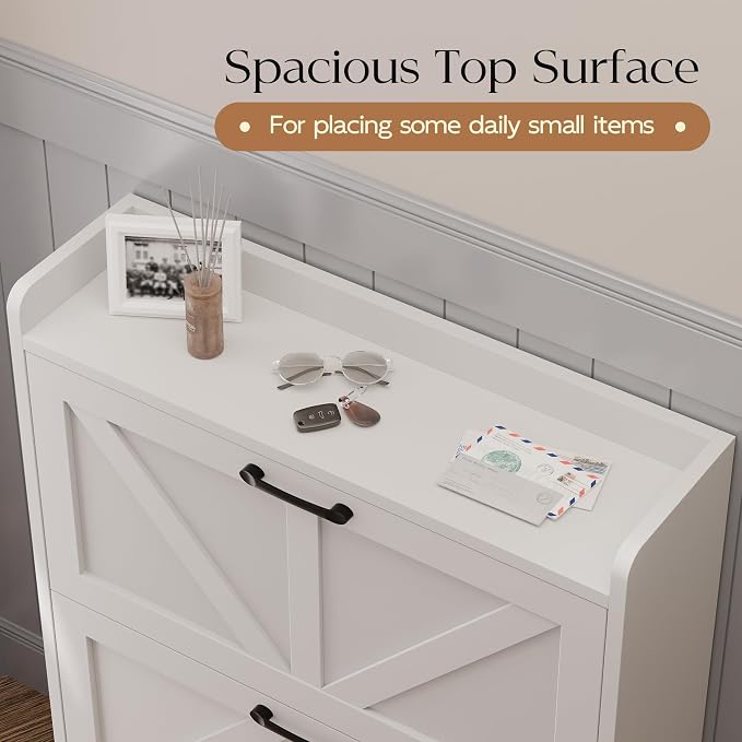 MU Shoe Storage Cabinet for Entryway, Hidden Shoe Cabinet with 2 Flip Drawers, Narrow Shoe Organizer Shoe Rack Cabinet with Metal Legs, White - Image 8