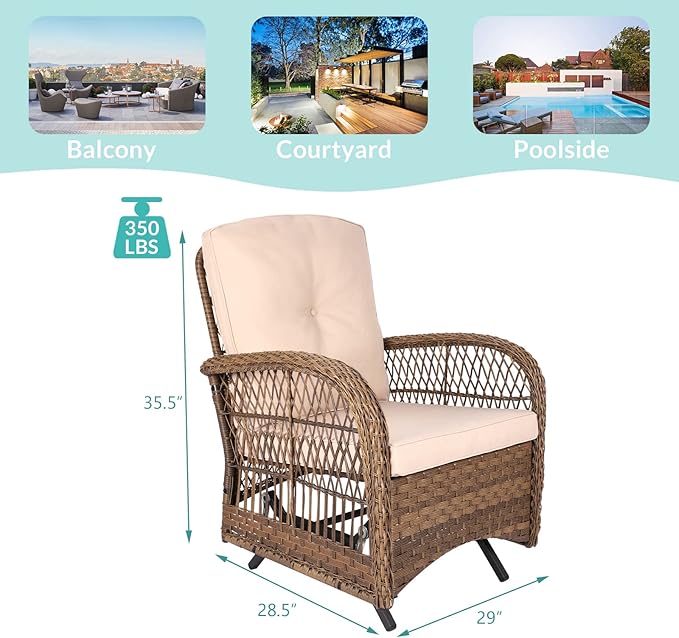 MEETWARM Patio Wicker Rocking Glider Set, All-Weather Outdoor Rattan Patio Rocking Chairs of 2, Patio Conversation Set with Thickened Cushions for Porch Garden & Backyard, Brown