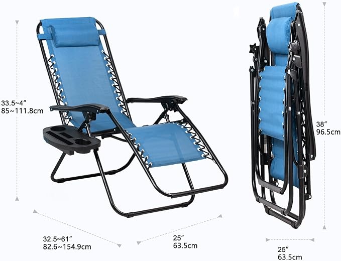 Nazhura Set of 2 Relaxing Recliners Patio Chairs Adjustable Steel Mesh Zero Gravity Lounge Chair Beach Chairs with Pillow and Cup Holder (Sky Blue) - Image 3