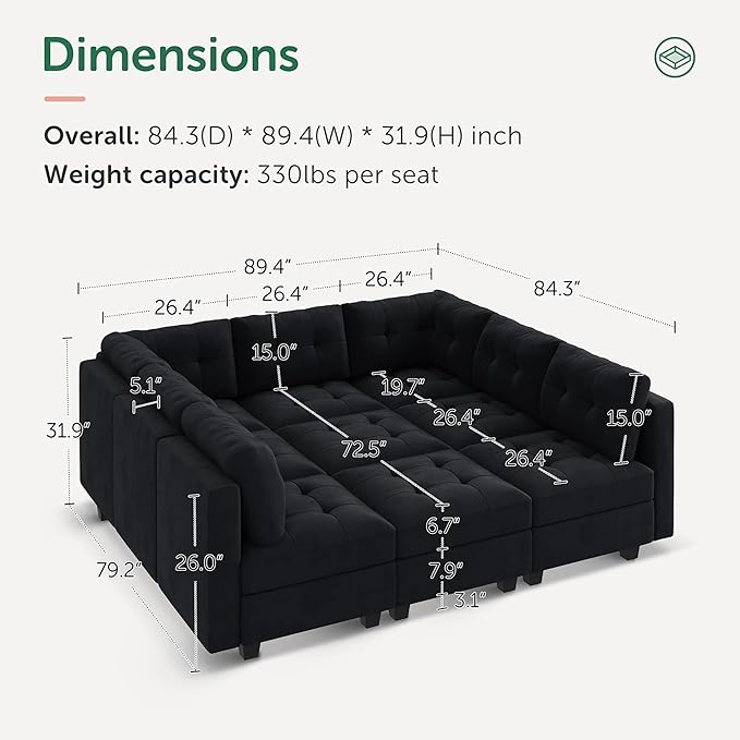HONBAY Sectional Couch with Storage, Modular Sectional Sofa, Velvet Couches for Living Room, Black