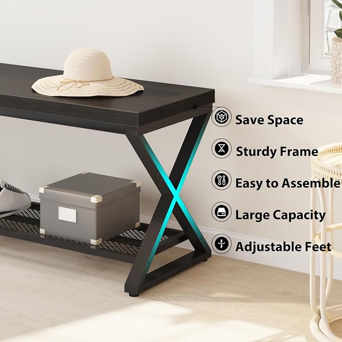 LVB Black Entryway Bench with Storage, Indoor Shoe Bench with Seating for Hallway, Accent Storage Bench for Living Room Bedroom, Simple Small Shoe Rack Benchs for Foyer Entrance, Black Oak, 39 inch - Image 6