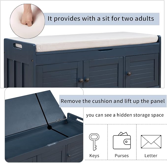 SOFTSEA Upholstered Storage Bench, Entryway Shoe Bench with Removable Cushion and Hidden Storage, Wooden Storage Ottoman with 3 Shutter-Shaped Doors for Entryway, Living Room, Bedroom, Blue - Image 5