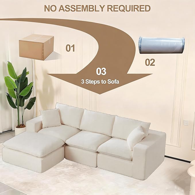 Ball & Cast 108" Modular Sectional Sofa, L Shaped Modular Sectional Couch Deep Seat with Movable Ottoman, Upholstered Convertible Comfy 4 Seater Chenille Sofa for Living Room, Apartment,White