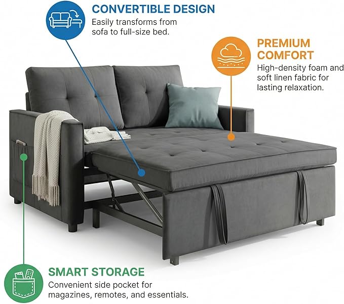 Casaphoria Pull Out Couch Bed, 3-in-1 Convertible Sleeper Sofa with Adjustable Backrest, Velvet Futon Loveseat with Side Pockets for Small Spaces, Living Room & Guest Room (Dark Grey)