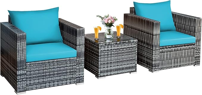 Tangkula 3 Pieces Patio Furniture Set, PE Rattan Wicker Sofa Set w/Washable Cushion and Tempered Glass Tabletop, Outdoor Conversation Furniture for Garden Poolside Backyard