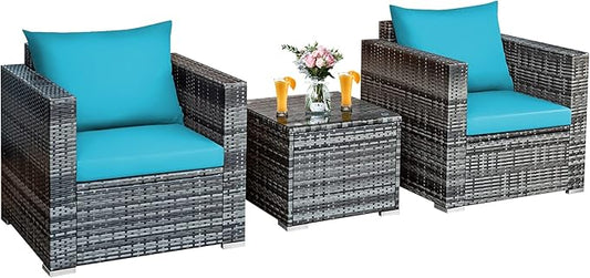 Tangkula 3 Pieces Patio Furniture Set, PE Rattan Wicker Sofa Set w/Washable Cushion and Tempered Glass Tabletop, Outdoor Conversation Furniture for Garden Poolside Backyard