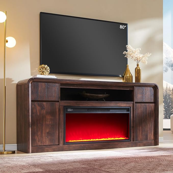 Modern Fireplace TV Stand with 36" LED Electric Fireplace for 80 inch TVs, 32" Tall Entertainment Center w/Drawers &Adjustable Shelves, Wood Media Console w/Curved Profile Design for Living Room,Brown by AITJUNZ
