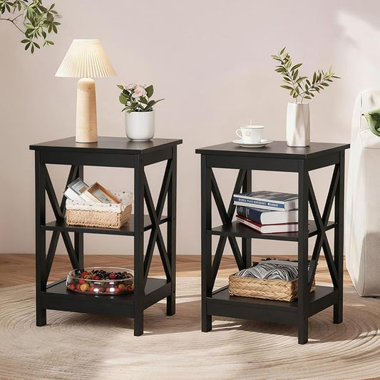 Sophia & William Farmhouse End Table Set of 2 with Storage Shelves, 3-Tier Sofa Side Table Nightstand Bedside Table for Living Room Bedroom Office, Expresso
