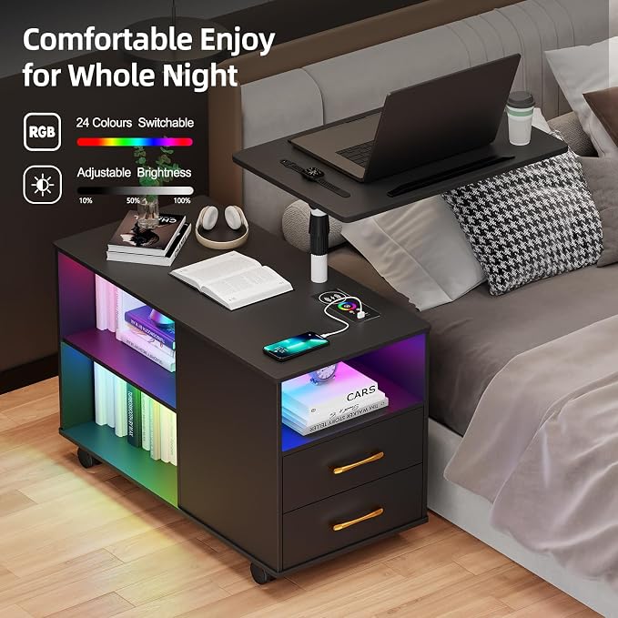 Gurexl 360° LED Nightstand with Wireless Charging Station, Movable Adjustable Bedside Table with Laptop Tray, Auto Sensor Night Stand for Bedroom (Black) - Image 6