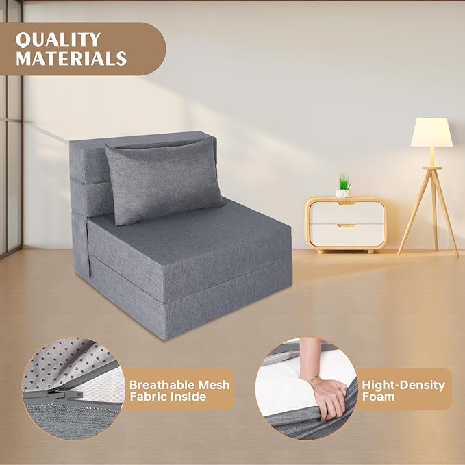 Folding Sofa Bed, Convertible Futon Sofa Bed with Pillow, Fold Out Couch with Washable Cover, Foldable Sleeper Chair for Living Room, Dorm, Guest Room, Single Size, Light Grey
