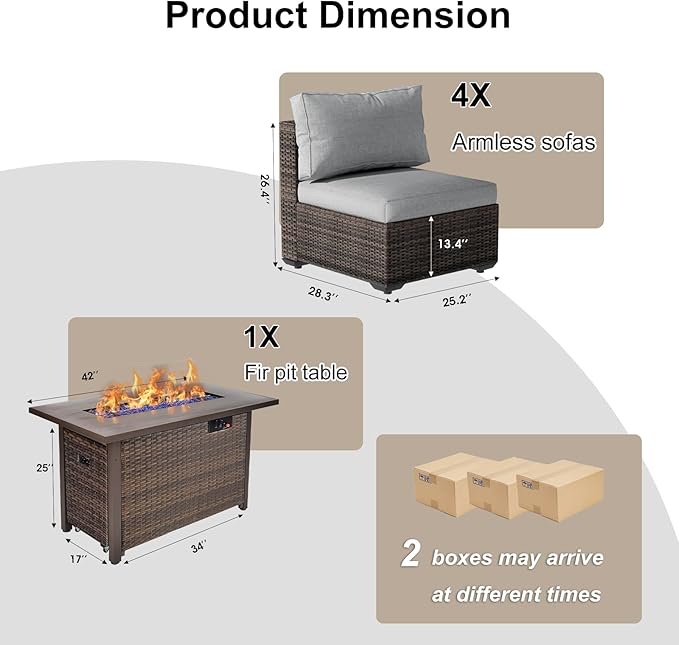 5 Piece Patio Furniture Set with Fire Pit Table, Outdoor Sectional Sofa PE Rattan, Patio Conversation Sets with Cushions for Garden Lawn Balcony Porch Deck Grey